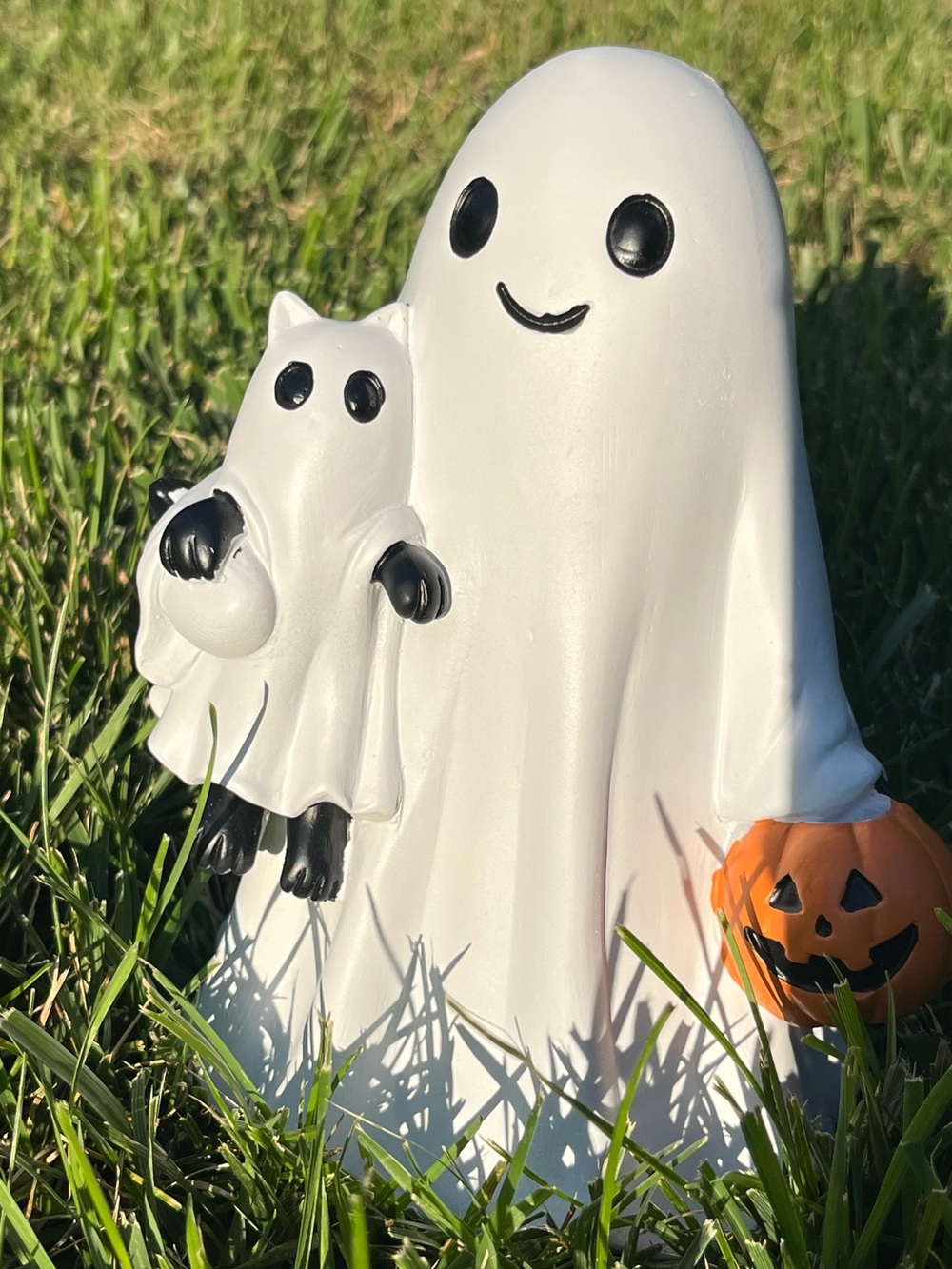 White Ghost Figurine with Pumpkin and Ghost Cat